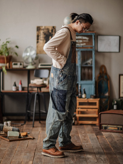 Distressed Denim Contrast Overalls