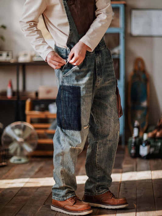 Distressed Denim Contrast Overalls