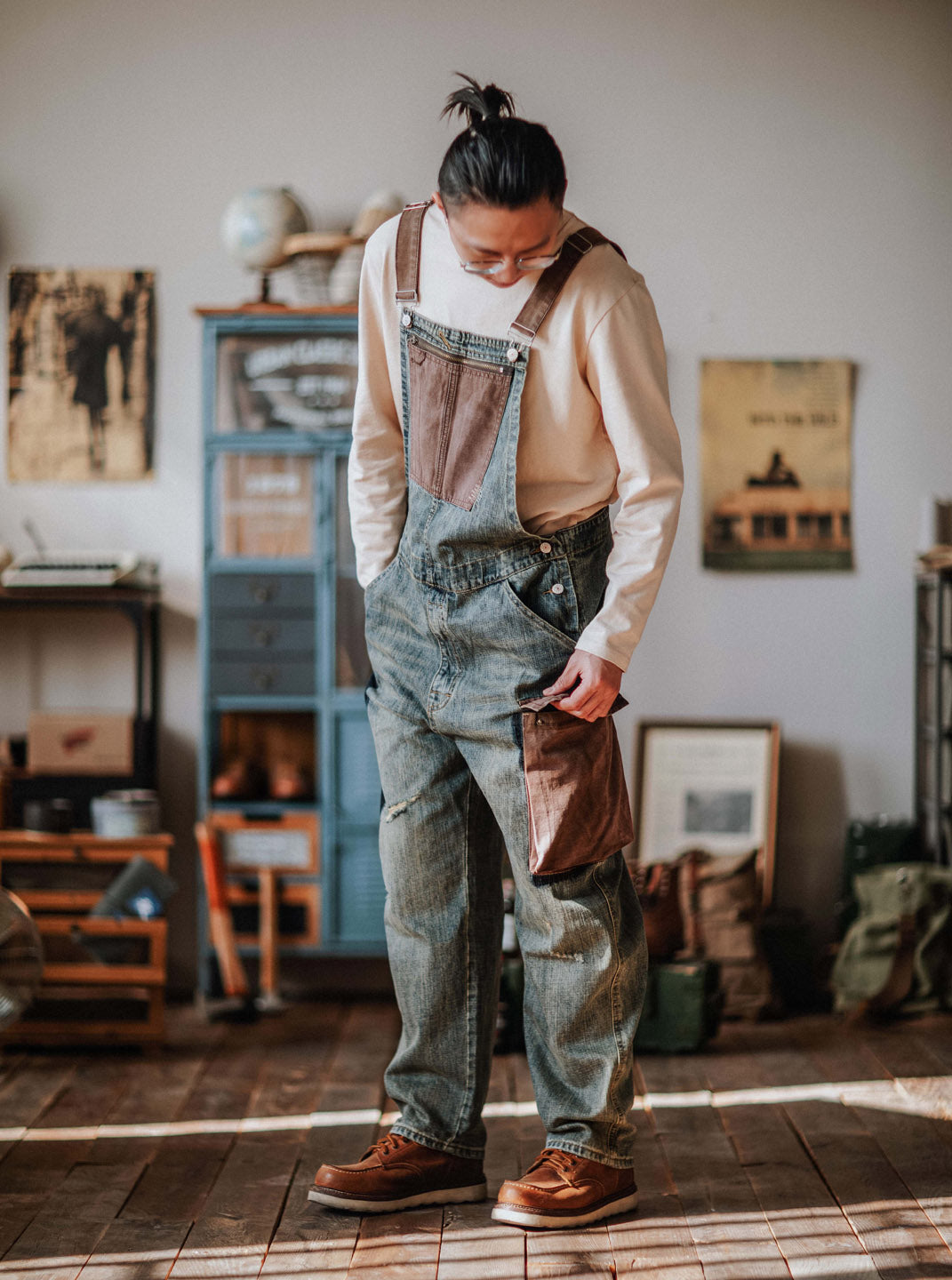 Distressed Denim Contrast Overalls