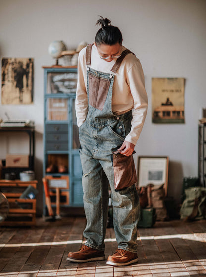 Distressed Denim Contrast Overalls