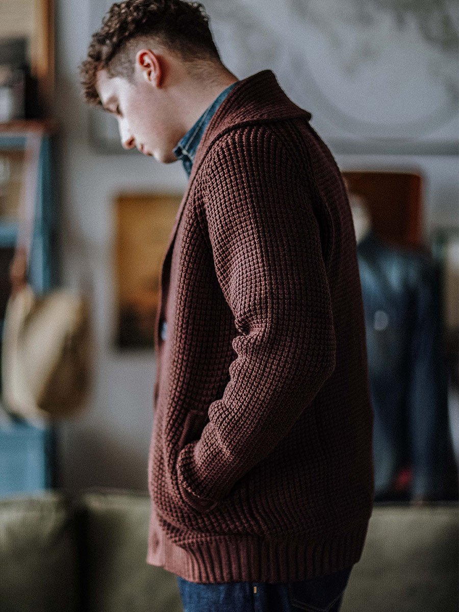 Shawl-Collar Waffle Cardigan