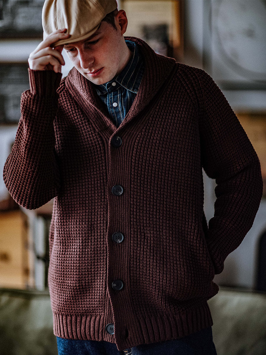 Shawl-Collar Waffle Cardigan